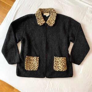 Vintage 70s 80s Black Fleece with Faux Fur Collar